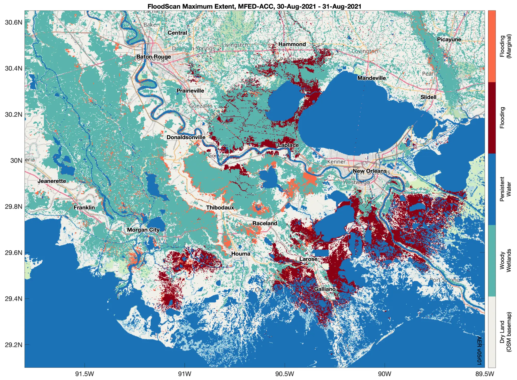 FloodScan maximum flood extent across southeastern Louisiana following Hurricane Ida, 30–31 Aug 2021.
